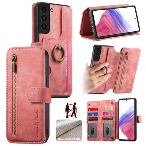 For Samsung Galaxy S22 5G Leather Phone Back Cover with RFID Blocking Zipper Wallet Kickstand