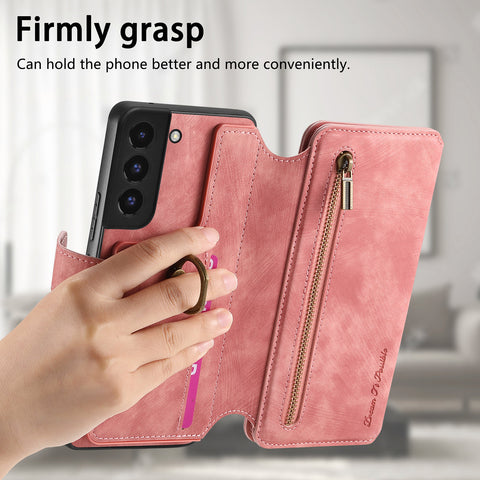 For Samsung Galaxy S22 5G Leather Phone Back Cover with RFID Blocking Zipper Wallet Kickstand
