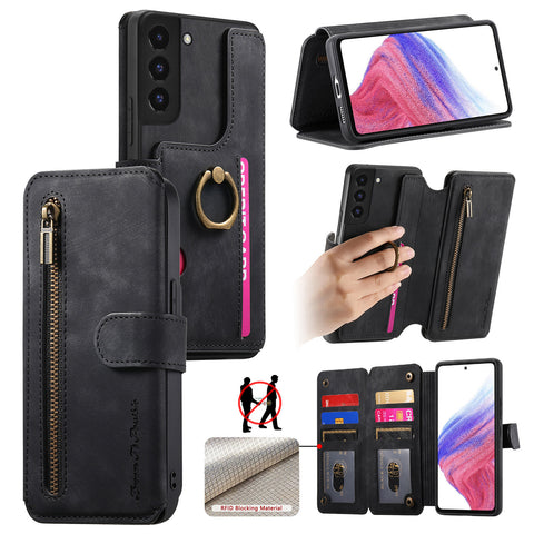 For Samsung Galaxy S22 5G Leather Phone Back Cover with RFID Blocking Zipper Wallet Kickstand