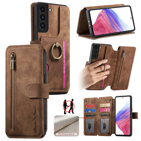 For Samsung Galaxy S22 5G Leather Phone Back Cover with RFID Blocking Zipper Wallet Kickstand
