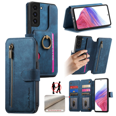 For Samsung Galaxy S22 5G Leather Phone Back Cover with RFID Blocking Zipper Wallet Kickstand