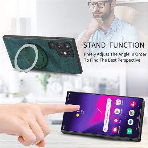 For Samsung Galaxy S24 Ultra Phone Case with Rotating Kickstand Stress Relief Retro Leather Back Cover