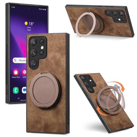 For Samsung Galaxy S24 Ultra Phone Case with Rotating Kickstand Stress Relief Retro Leather Back Cover