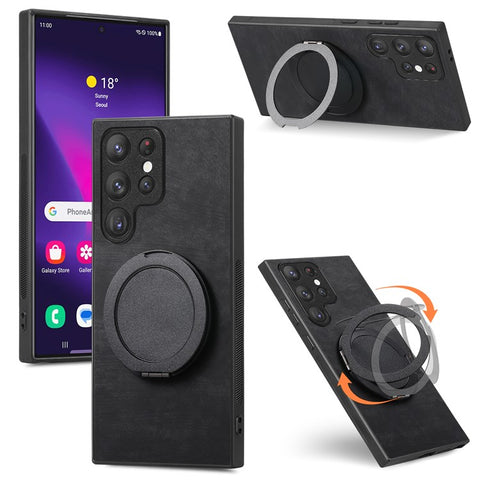 For Samsung Galaxy S24 Ultra Phone Case with Rotating Kickstand Stress Relief Retro Leather Back Cover