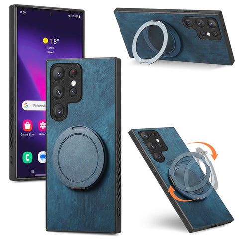 For Samsung Galaxy S24 Ultra Phone Case with Rotating Kickstand Stress Relief Retro Leather Back Cover