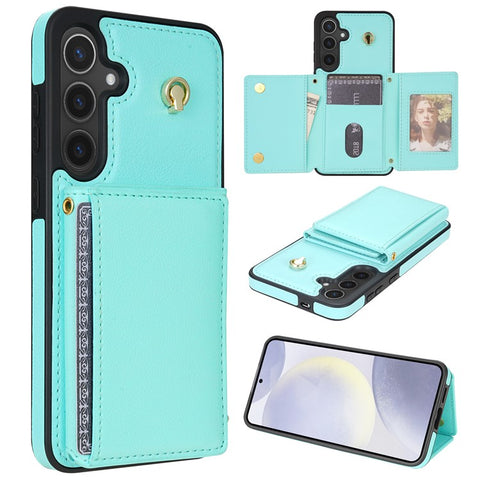 For Samsung Galaxy S25+ Case Tri-Fold Card Holder Kickstand TPU + Leather Back Cover with Shoulder Strap