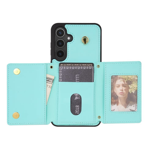 For Samsung Galaxy S25+ Case Tri-Fold Card Holder Kickstand TPU + Leather Back Cover with Shoulder Strap