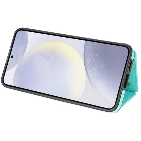 For Samsung Galaxy S25+ Case Tri-Fold Card Holder Kickstand TPU + Leather Back Cover with Shoulder Strap