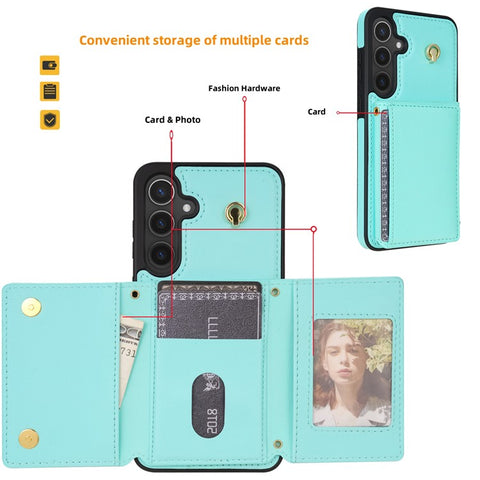 For Samsung Galaxy S25+ Case Tri-Fold Card Holder Kickstand TPU + Leather Back Cover with Shoulder Strap