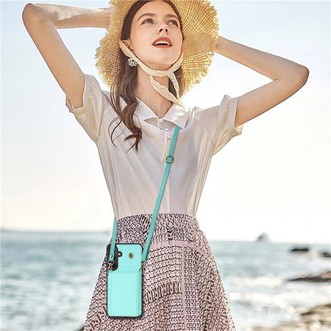 For Samsung Galaxy S25+ Case Tri-Fold Card Holder Kickstand TPU + Leather Back Cover with Shoulder Strap