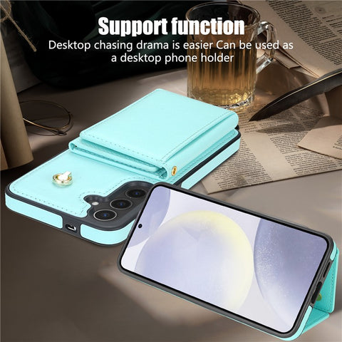For Samsung Galaxy S25+ Case Tri-Fold Card Holder Kickstand TPU + Leather Back Cover with Shoulder Strap