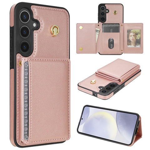 For Samsung Galaxy S25+ Case Tri-Fold Card Holder Kickstand TPU + Leather Back Cover with Shoulder Strap