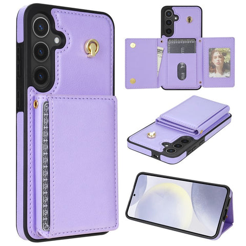 For Samsung Galaxy S25+ Case Tri-Fold Card Holder Kickstand TPU + Leather Back Cover with Shoulder Strap
