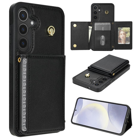 For Samsung Galaxy S25+ Case Tri-Fold Card Holder Kickstand TPU + Leather Back Cover with Shoulder Strap