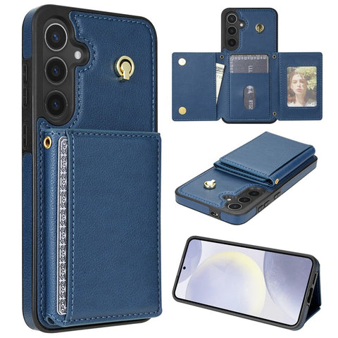 For Samsung Galaxy S25+ Case Tri-Fold Card Holder Kickstand TPU + Leather Back Cover with Shoulder Strap