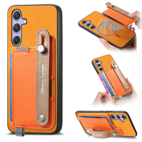 For Samsung Galaxy S25 / Galaxy S24 Magnetic Leather Back Case with Detachable Card Holder and Wristband