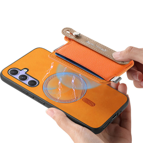 For Samsung Galaxy S25 / Galaxy S24 Magnetic Leather Back Case with Detachable Card Holder and Wristband