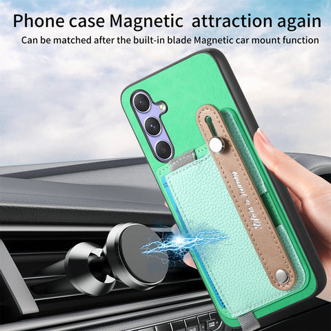 For Samsung Galaxy S25 / Galaxy S24 Magnetic Leather Back Case with Detachable Card Holder and Wristband