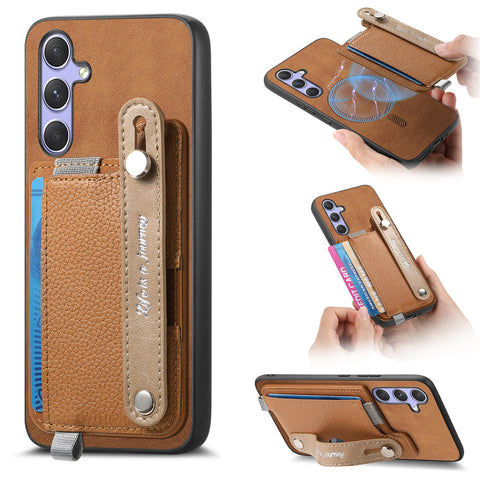 For Samsung Galaxy S25 / Galaxy S24 Magnetic Leather Back Case with Detachable Card Holder and Wristband