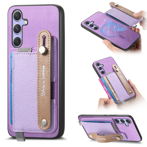For Samsung Galaxy S25 / Galaxy S24 Magnetic Leather Back Case with Detachable Card Holder and Wristband