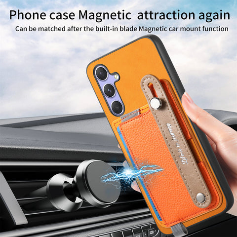 For Samsung Galaxy S24+ / Galaxy S25+ Magnetic Leather Back Case with Detachable Card Holder and Wristband