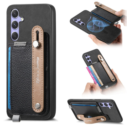 For Samsung Galaxy S24+ / Galaxy S25+ Magnetic Leather Back Case with Detachable Card Holder and Wristband