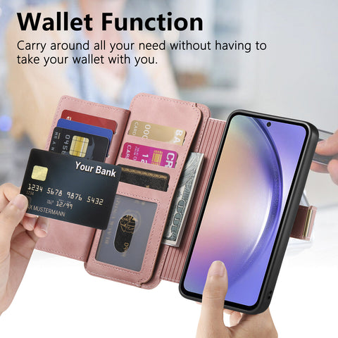 For Samsung Galaxy S24 Magnetic Leather Case with Detachable RFID Blocking Zipper Wallet Cover