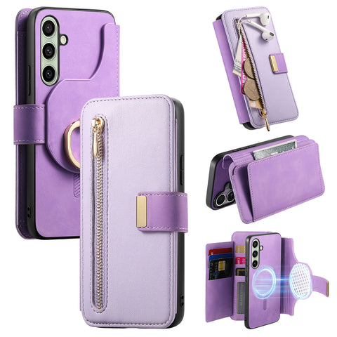 For Samsung Galaxy S24 Magnetic Leather Case with Detachable RFID Blocking Zipper Wallet Cover