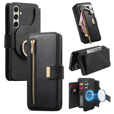 For Samsung Galaxy S24 Magnetic Leather Case with Detachable RFID Blocking Zipper Wallet Cover