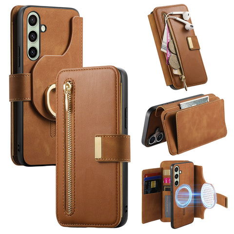 For Samsung Galaxy S24+ Magnetic Leather Case with Detachable RFID Blocking Zipper Wallet Cover
