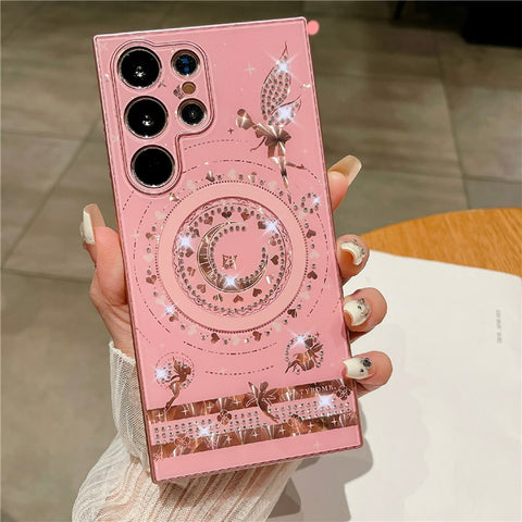 For Samsung Galaxy S24 Ultra Magnetic Case Star Moon Pattern Rhinestones Decor TPU+PC Phone Cover