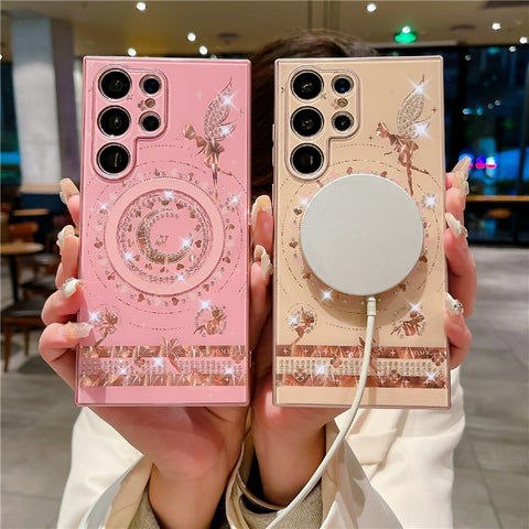 For Samsung Galaxy S24 Ultra Magnetic Case Star Moon Pattern Rhinestones Decor TPU+PC Phone Cover