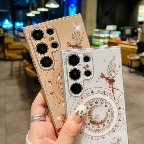 For Samsung Galaxy S24 Ultra Magnetic Case Star Moon Pattern Rhinestones Decor TPU+PC Phone Cover