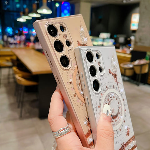 For Samsung Galaxy S24 Ultra Magnetic Case Star Moon Pattern Rhinestones Decor TPU+PC Phone Cover