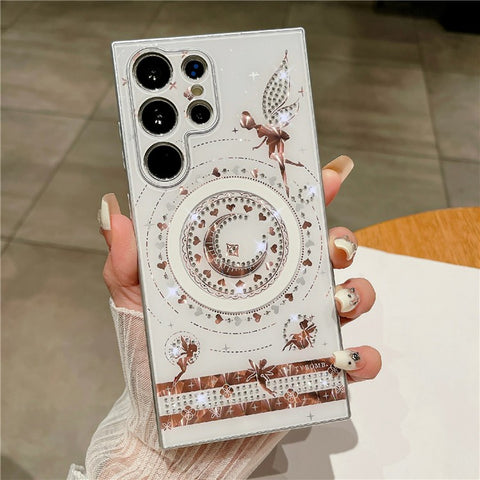 For Samsung Galaxy S24 Ultra Magnetic Case Star Moon Pattern Rhinestones Decor TPU+PC Phone Cover