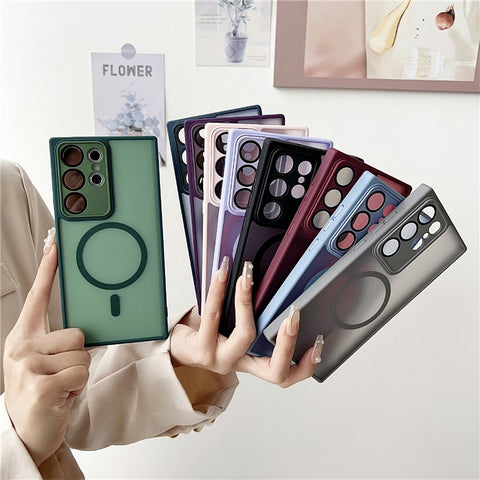 For Samsung Galaxy S24 Ultra Magnetic Case with Lens Film Skin Touch TPU + PC Phone Back Cover