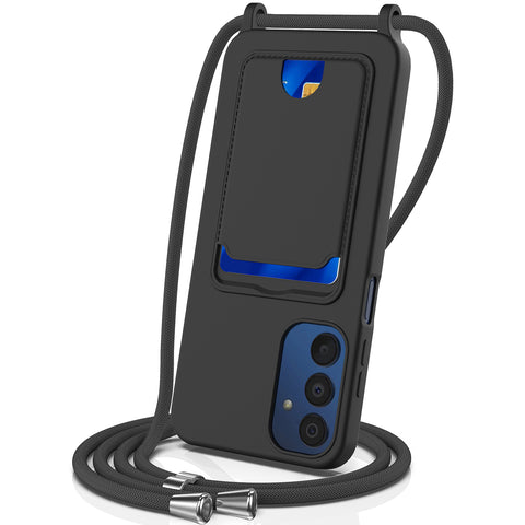 For Samsung Galaxy M14 4G Liquid Silicone Case with Card Holder and Lanyard Back Phone Cover