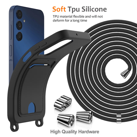 For Samsung Galaxy M14 4G Liquid Silicone Case with Card Holder and Lanyard Back Phone Cover