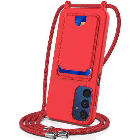 For Samsung Galaxy M14 4G Liquid Silicone Case with Card Holder and Lanyard Back Phone Cover