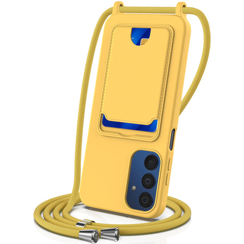 For Samsung Galaxy M14 4G Liquid Silicone Case with Card Holder and Lanyard Back Phone Cover