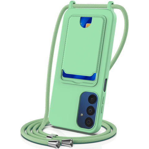 For Samsung Galaxy M14 4G Liquid Silicone Case with Card Holder and Lanyard Back Phone Cover