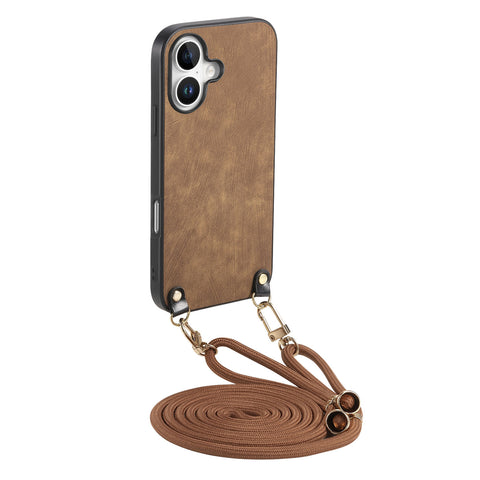 For iPhone 16 Plus Retro Leather Phone Back Cover with Adjustable Strap