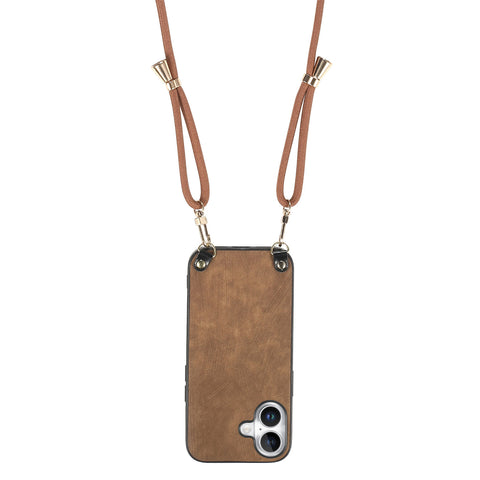 For iPhone 16 Plus Retro Leather Phone Back Cover with Adjustable Strap