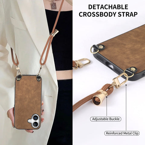 For iPhone 16 Plus Retro Leather Phone Back Cover with Adjustable Strap