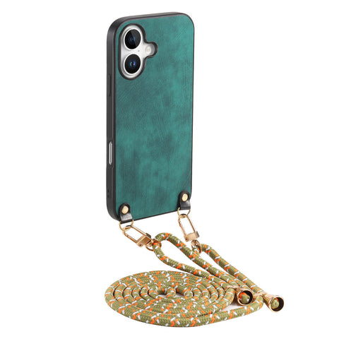 For iPhone 16 Plus Retro Leather Phone Back Cover with Adjustable Strap