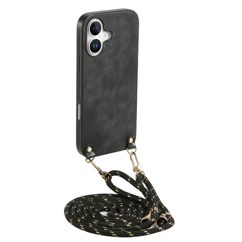 For iPhone 16 Plus Retro Leather Phone Back Cover with Adjustable Strap