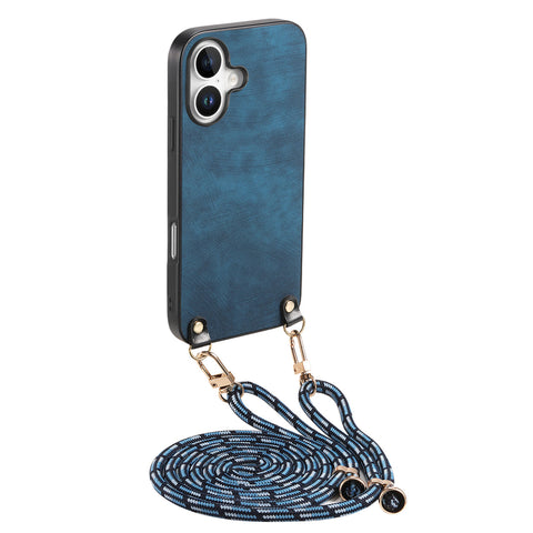 For iPhone 16 Plus Retro Leather Phone Back Cover with Adjustable Strap