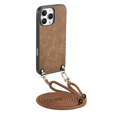 For iPhone 16 Pro Retro Leather Phone Back Cover with Adjustable Strap
