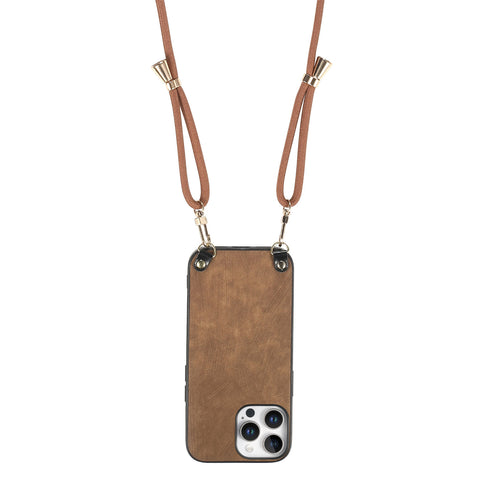For iPhone 16 Pro Retro Leather Phone Back Cover with Adjustable Strap