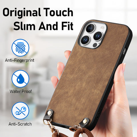 For iPhone 16 Pro Retro Leather Phone Back Cover with Adjustable Strap